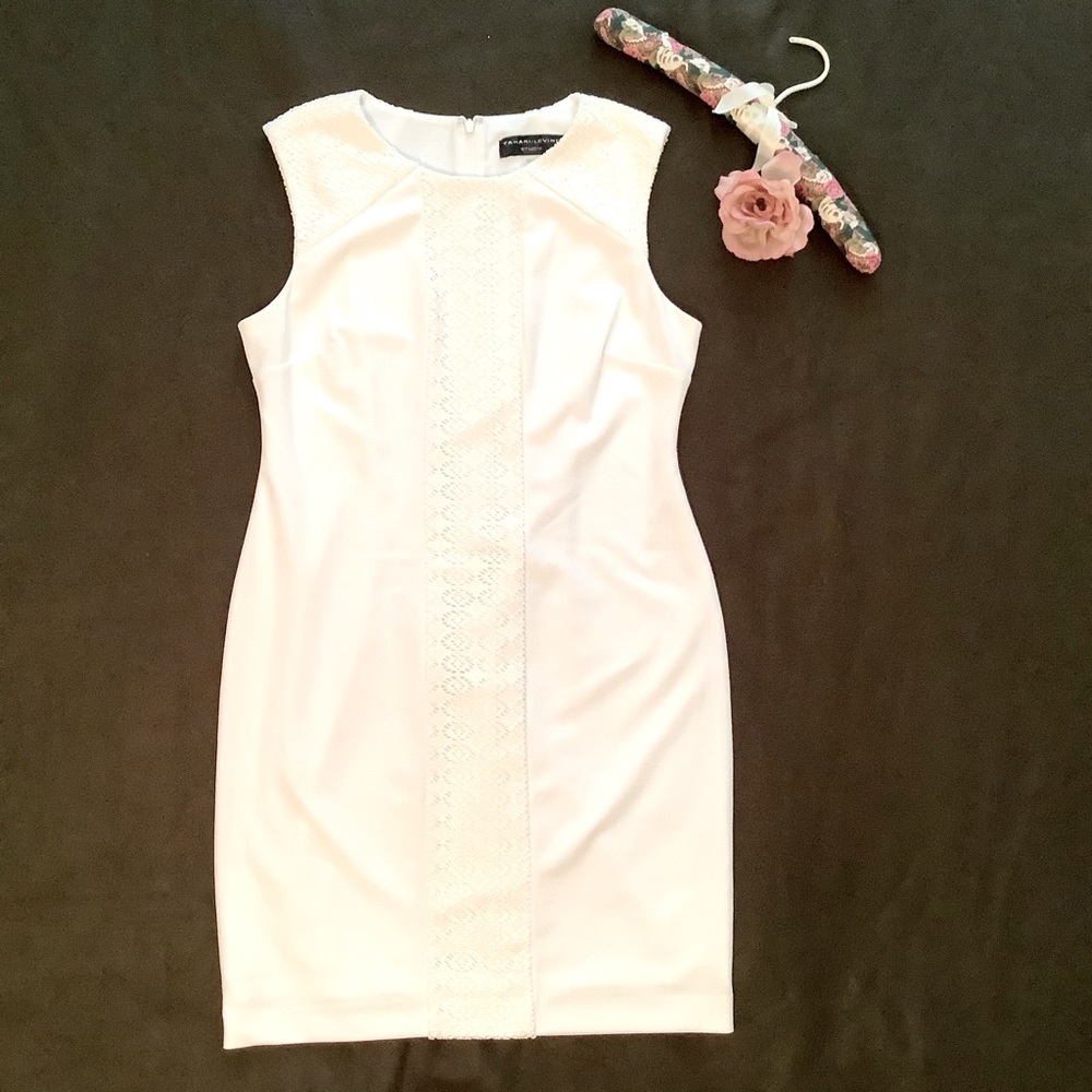TAHARI CROCHET EMBELLISHED SHIFT DRESS WHITE Size 12